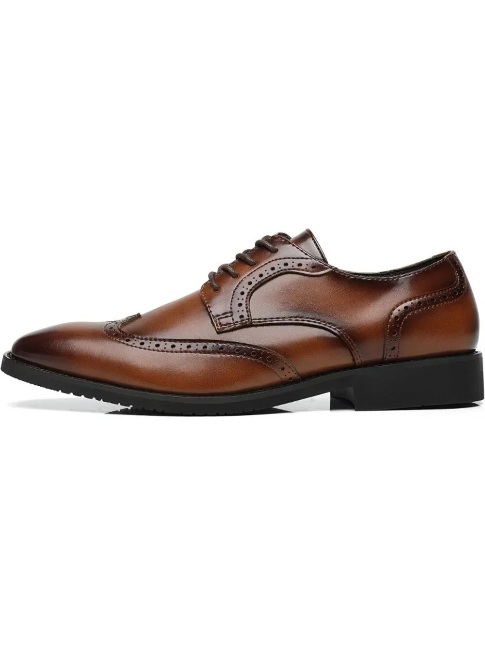 Men Cognac Leather Burnished Wingtip Cap Toe Business Brogue Punched Oxford Shoe